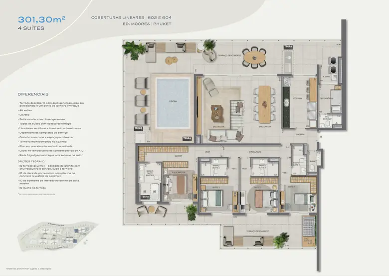 Planta oficial: Cobertura linear — 301,30 m² · 4 suítes