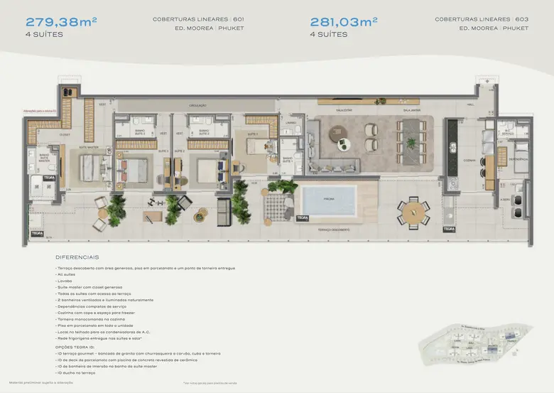 Planta oficial: Coberturas lineares — 279,38 m² e 281,03 m² · 4 suítes
