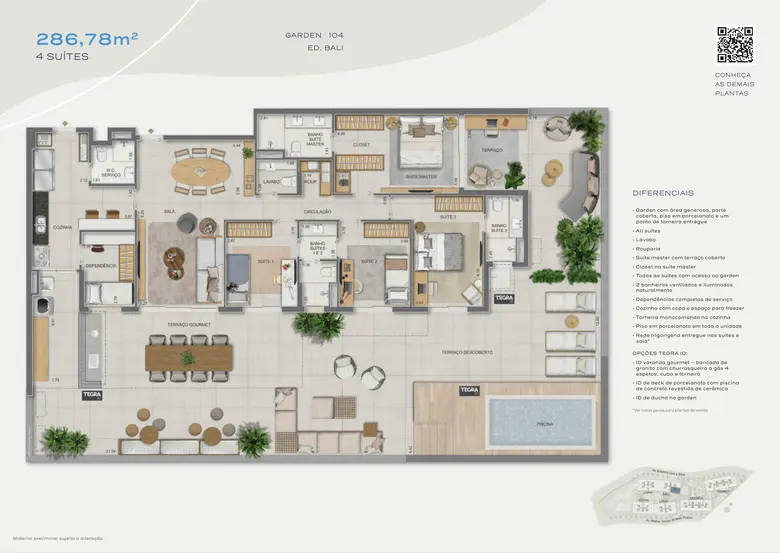 Planta oficial: Garden · 4 suítes — 286,78 m² · Bali, unidade 104