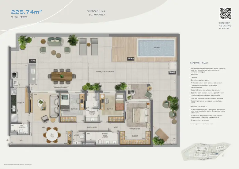 Planta oficial: Garden · 3 suítes — 225,74 m² · Moorea, unidade 102