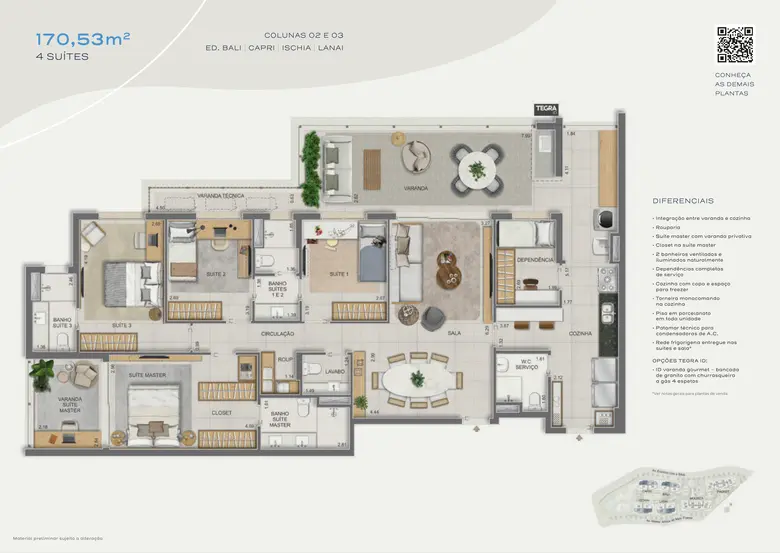 Planta oficial: 4 suítes — 170,53 m² · Bali, Capri, Ischia e Lanai