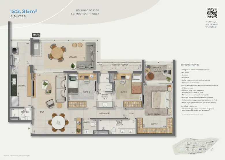 Planta oficial: 3 suítes — 123,35 m² · Moorea e Phuket