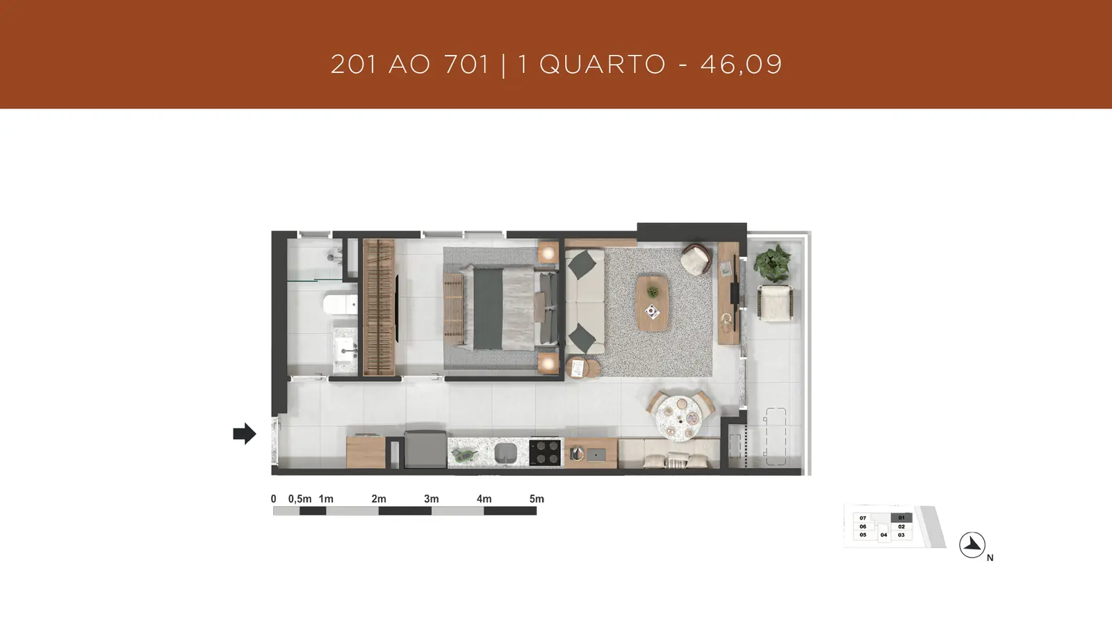Planta ilustrativa de apartamento de 1 quarto do Gávea 99