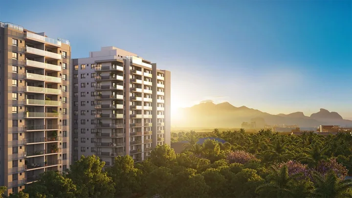 Grand Quartier — Fachadas com vista da Pedra da Gávea · perspectiva ilustrativa