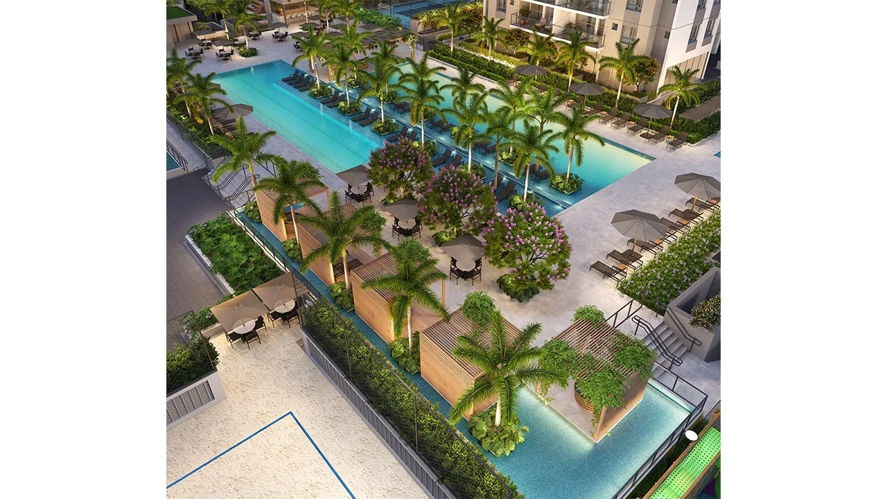 Grand Quartier — Vista aérea da piscina · perspectiva ilustrativa