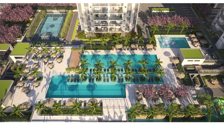 Grand Quartier — Vista aérea do lazer · perspectiva ilustrativa