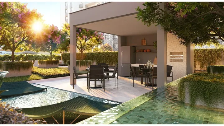 Grand Quartier — Churrasqueira com espelho d'água · perspectiva ilustrativa