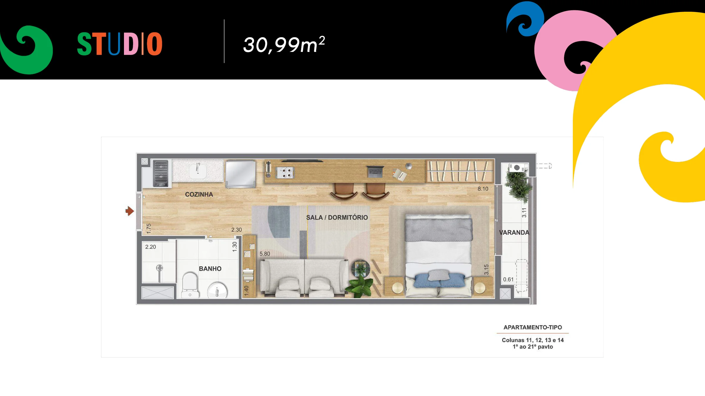 Studio · 30,99 m² · Heitor dos Prazeres — Colombina e Pierrot