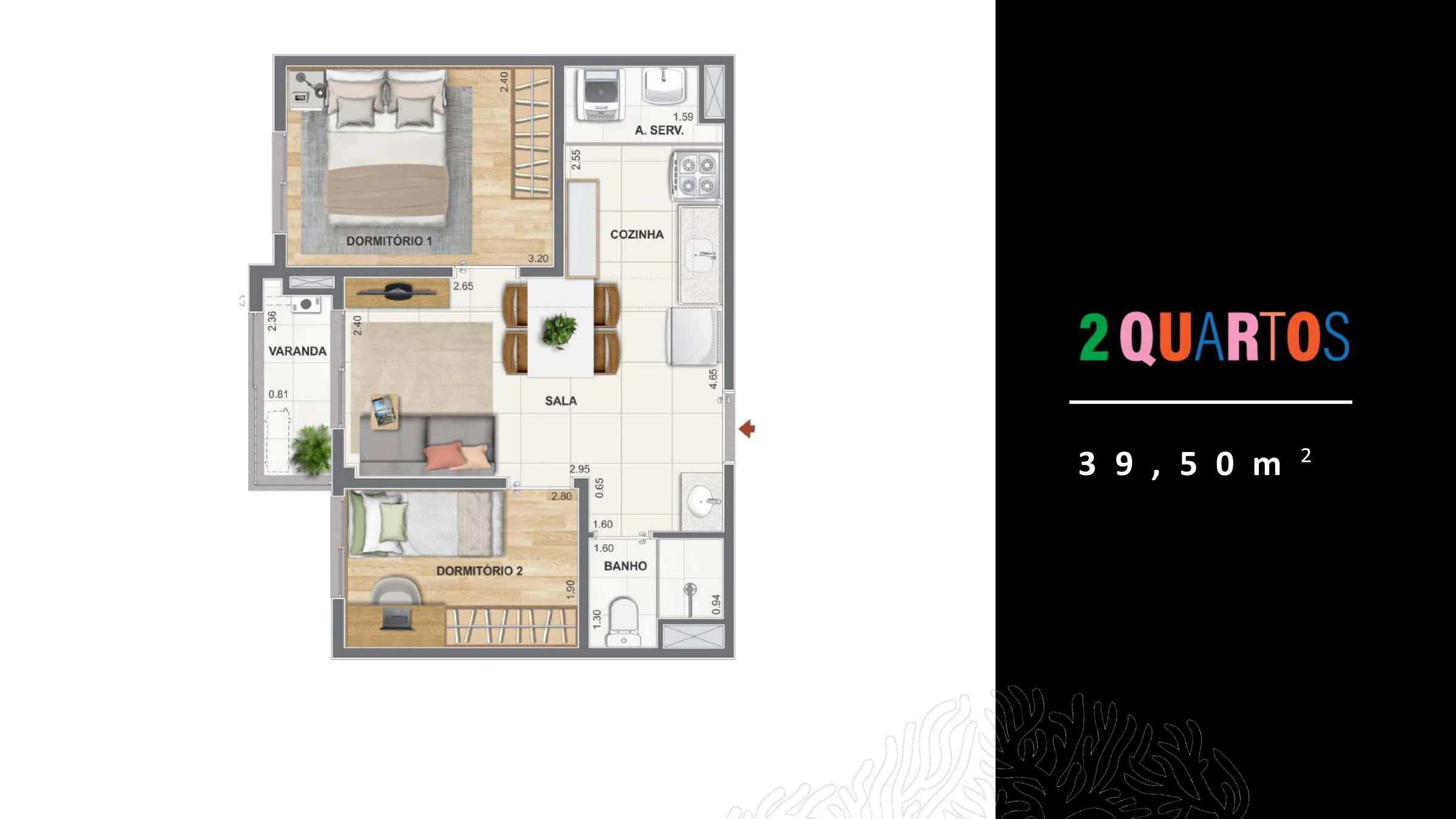 2 quartos · 39,50 m² · Heitor dos Prazeres — Colombina e Pierrot