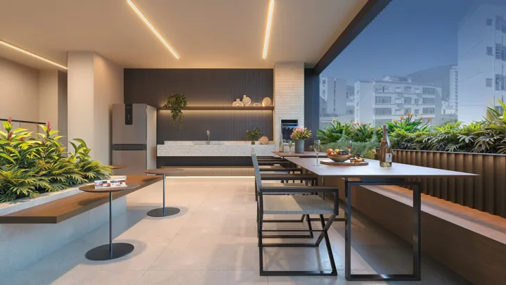 HUM Humaitá — Terraço coberto · perspectiva ilustrativa
