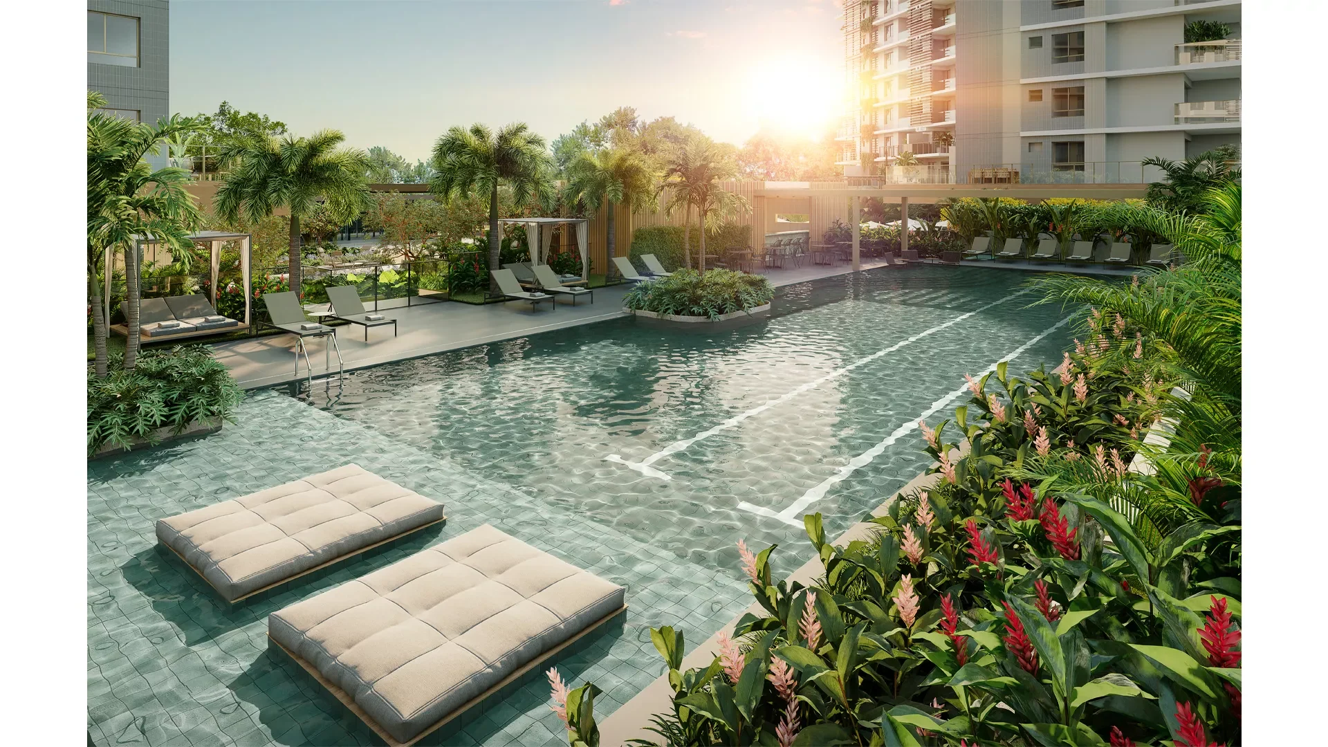 Icon Golf Residence — Vista aérea da piscina · perspectiva ilustrativa