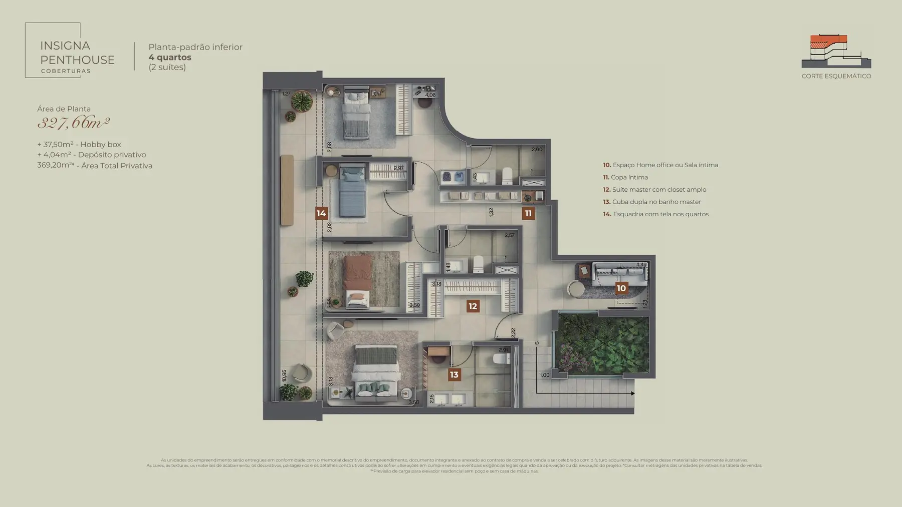 Planta ilustrativa Penthouse inferior do Insigna Península