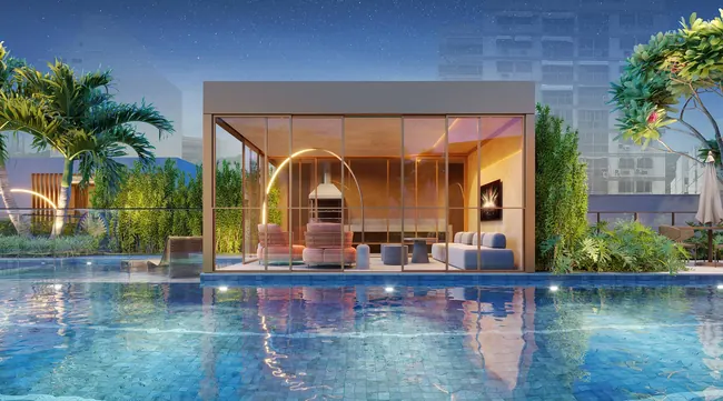 Pool House ao entardecer — La Isla Residence Club · Perspectivas do projeto