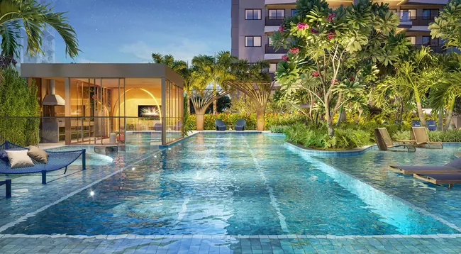 Piscinas ao entardecer — La Isla Residence Club · Perspectivas do projeto