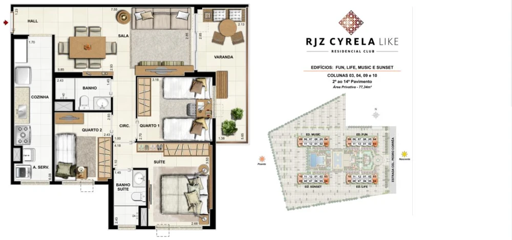 Planta Like Residencial Club: 3 quartos · 77,34 m² — Planta oficial · colunas 03, 04, 09 e 10