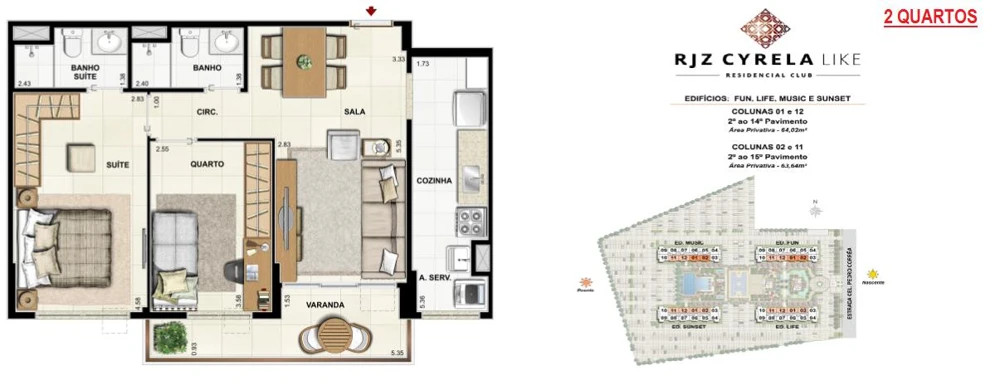 Planta Like Residencial Club: 2 quartos · opções de coluna — Planta oficial · confira as áreas na legenda