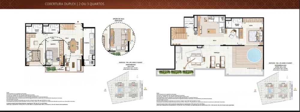 Planta Like Residencial Club: Cobertura duplex · opção 1 — Pavimentos inferior e superior · prancha original