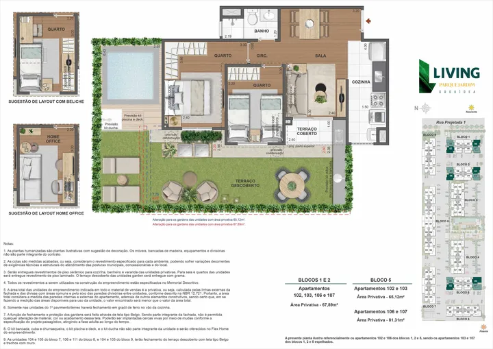 Living Parque Orquídea — Garden 1 Banheiro - BL 1, 2 e 5 - 67,89 - 65,12 e 81,3