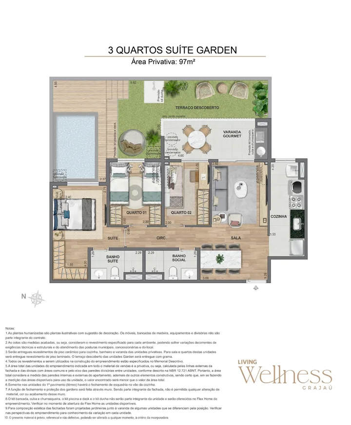 Living Wellness — Garden de 3 Quartos com suíte - Área privativa 97m²