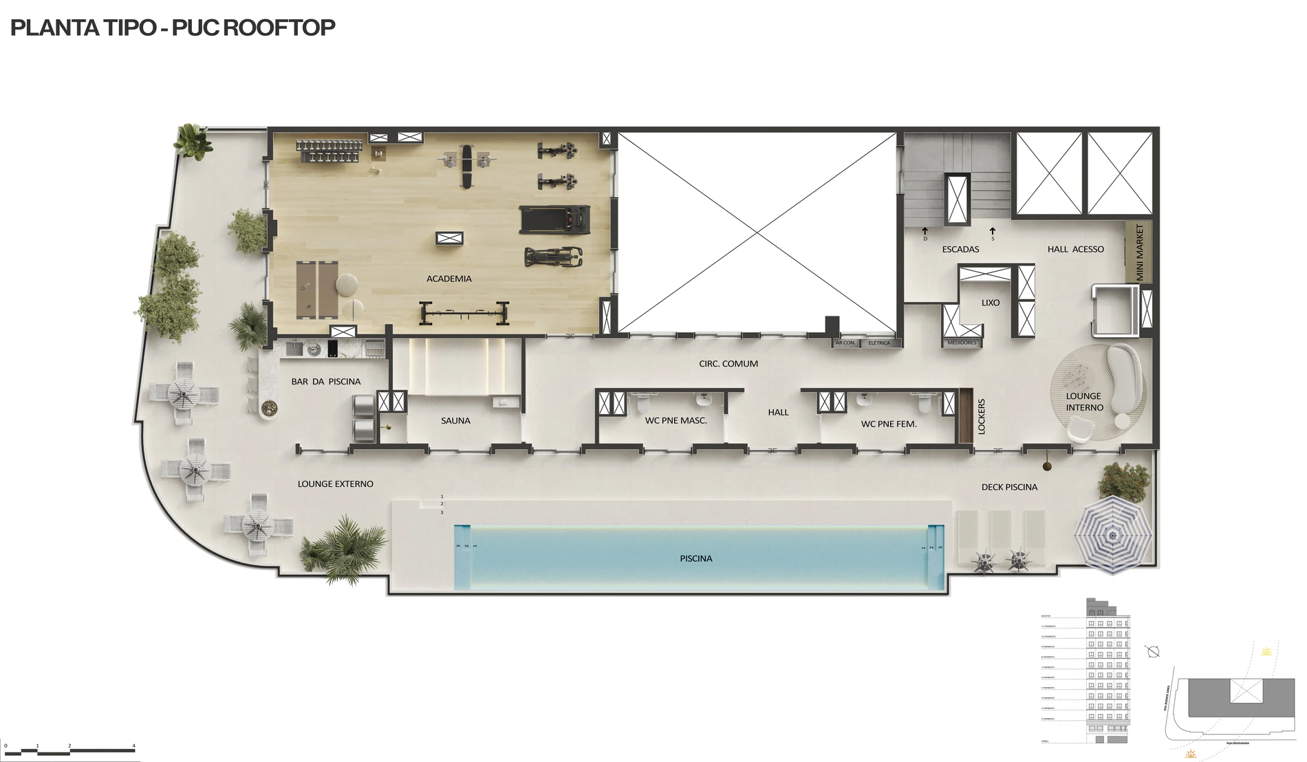 Planta do rooftop com piscina e áreas de convivência