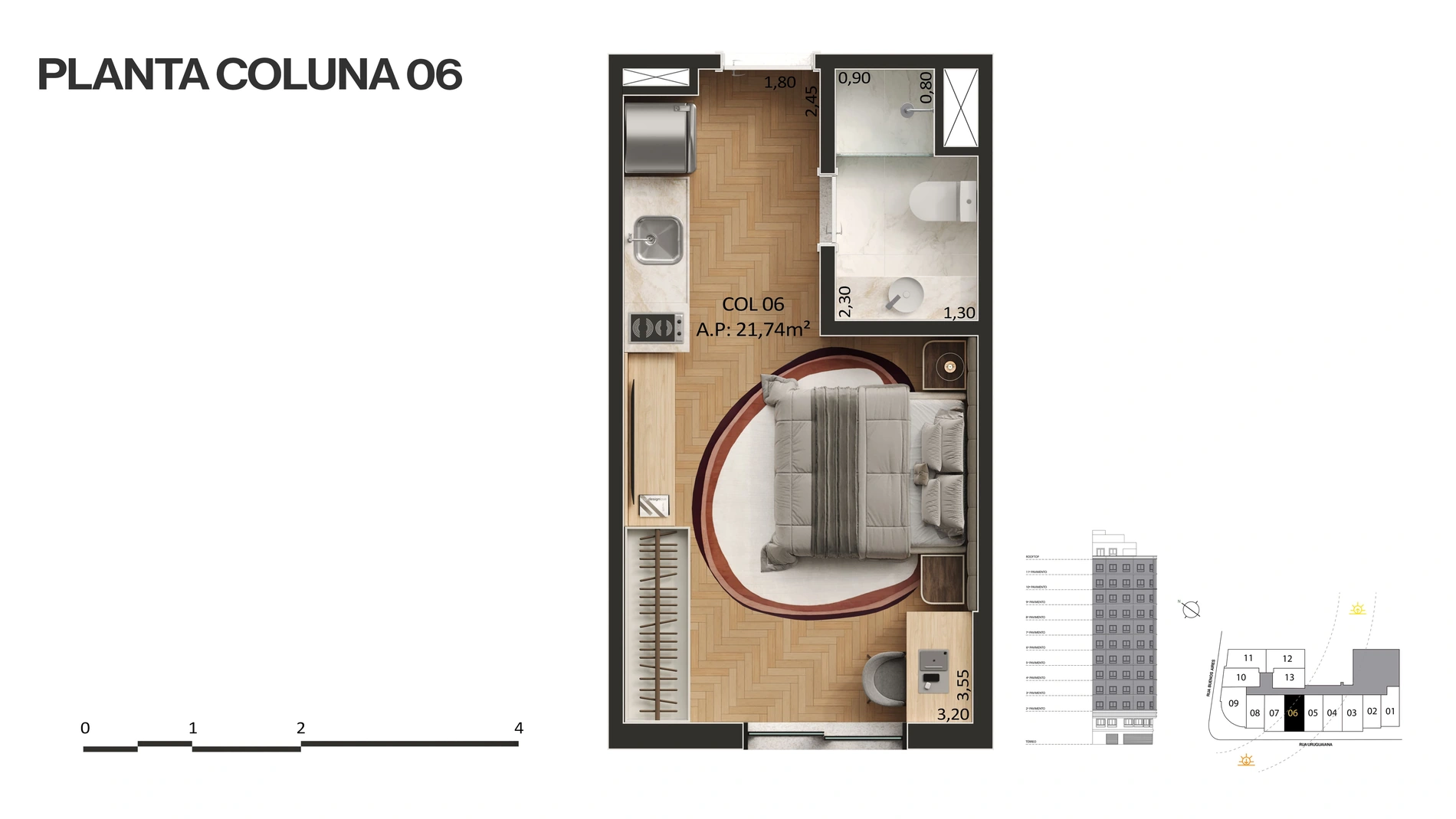 Planta decorada da coluna 06, com área indicada de 27,21 m²