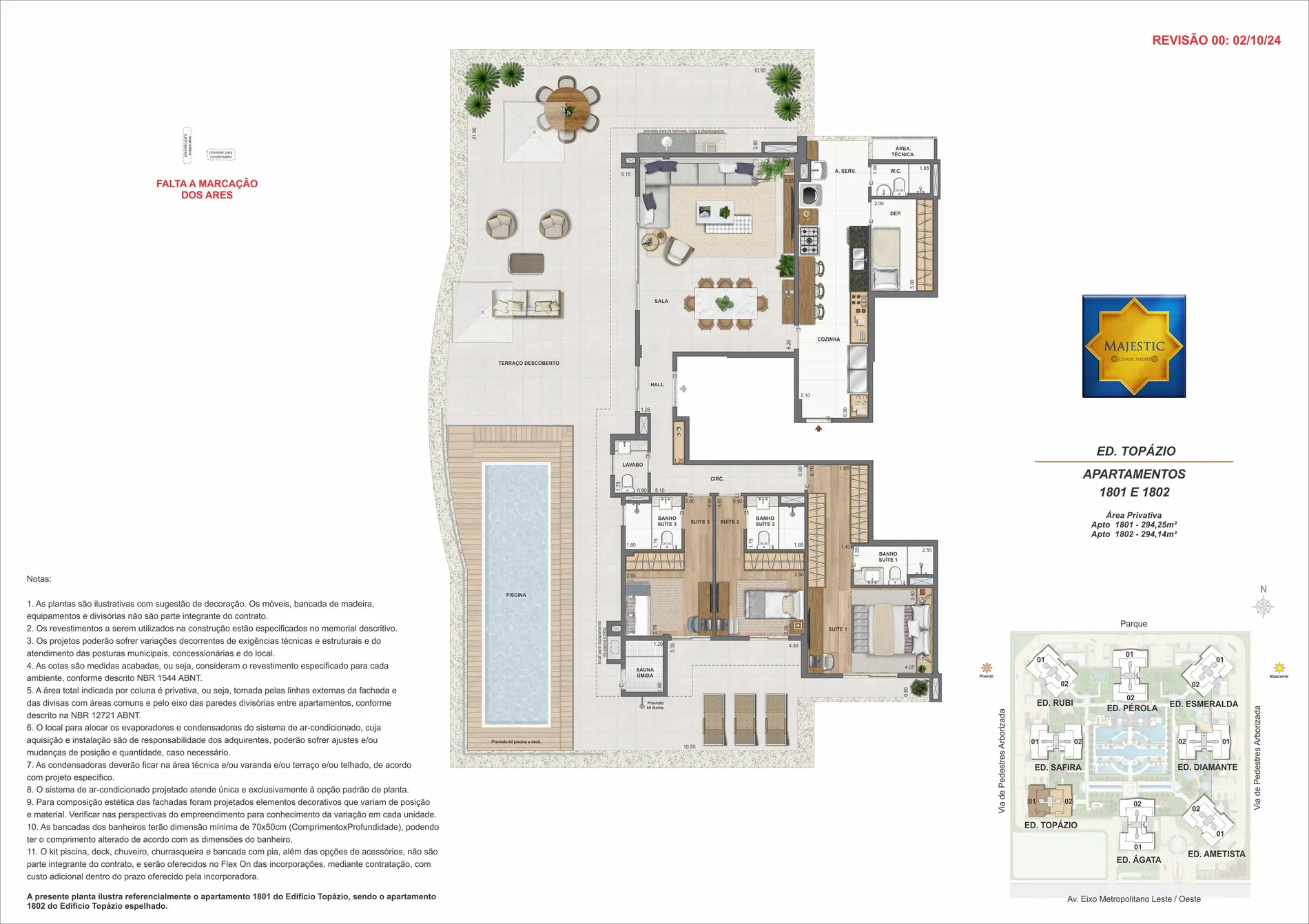 Planta humanizada da cobertura de 294 m² do Ed. Topázio