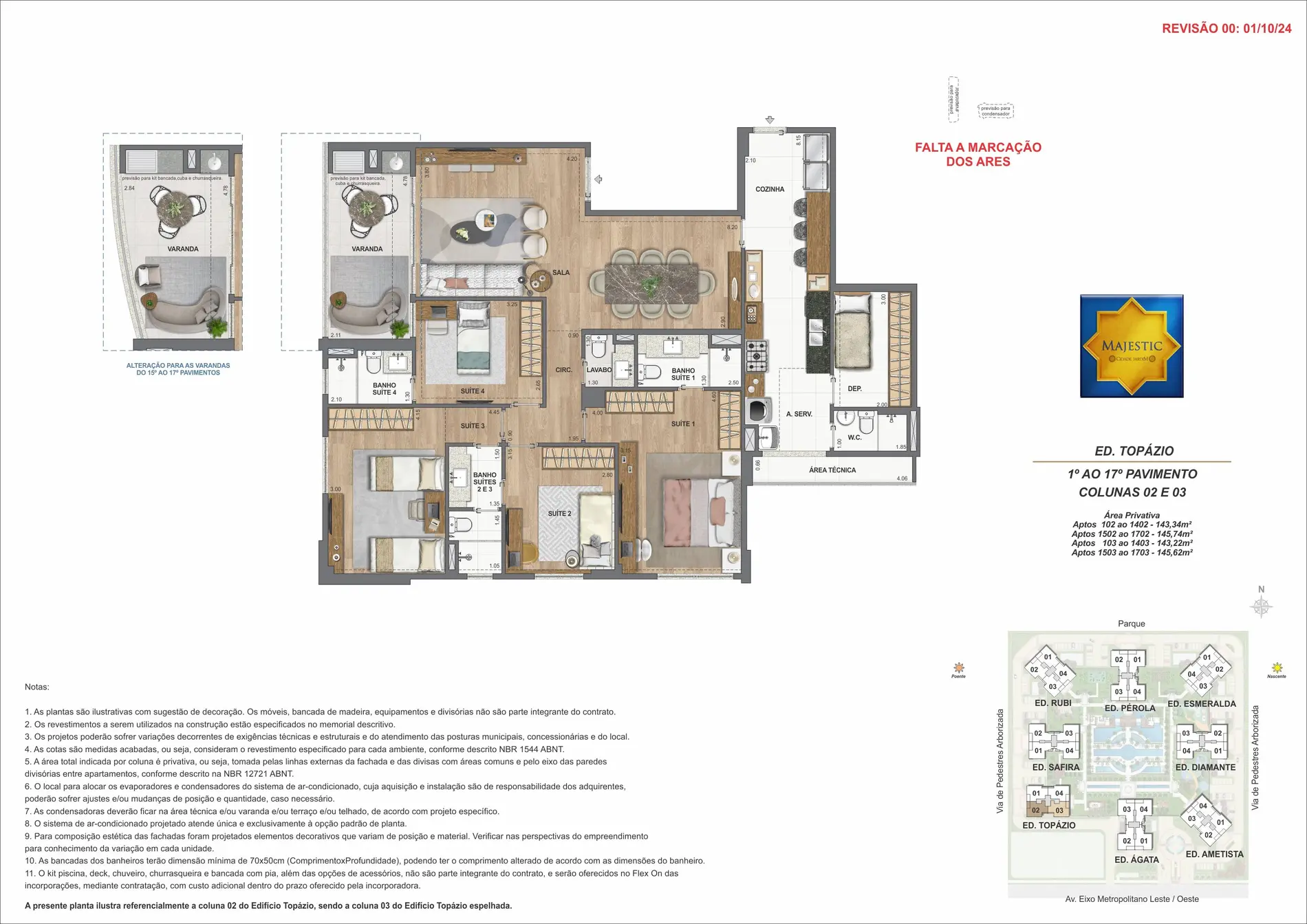 Planta humanizada do apartamento tipo de 143 m² do Ed. Topázio