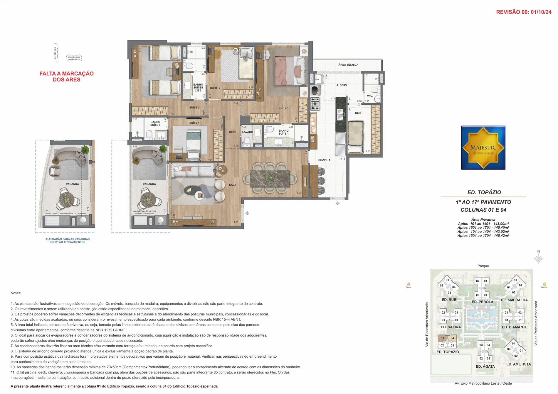 Planta humanizada do apartamento tipo de 145 m² do Ed. Topázio
