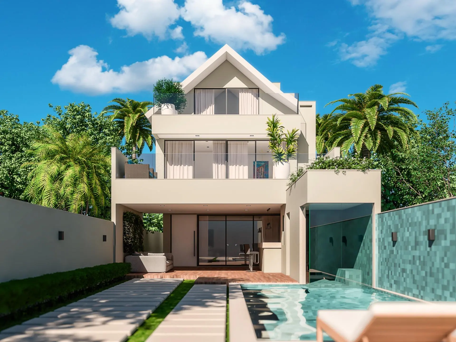 Perspectiva ilustrativa de uma casa do Mansões Rio Mar com piscina privativa