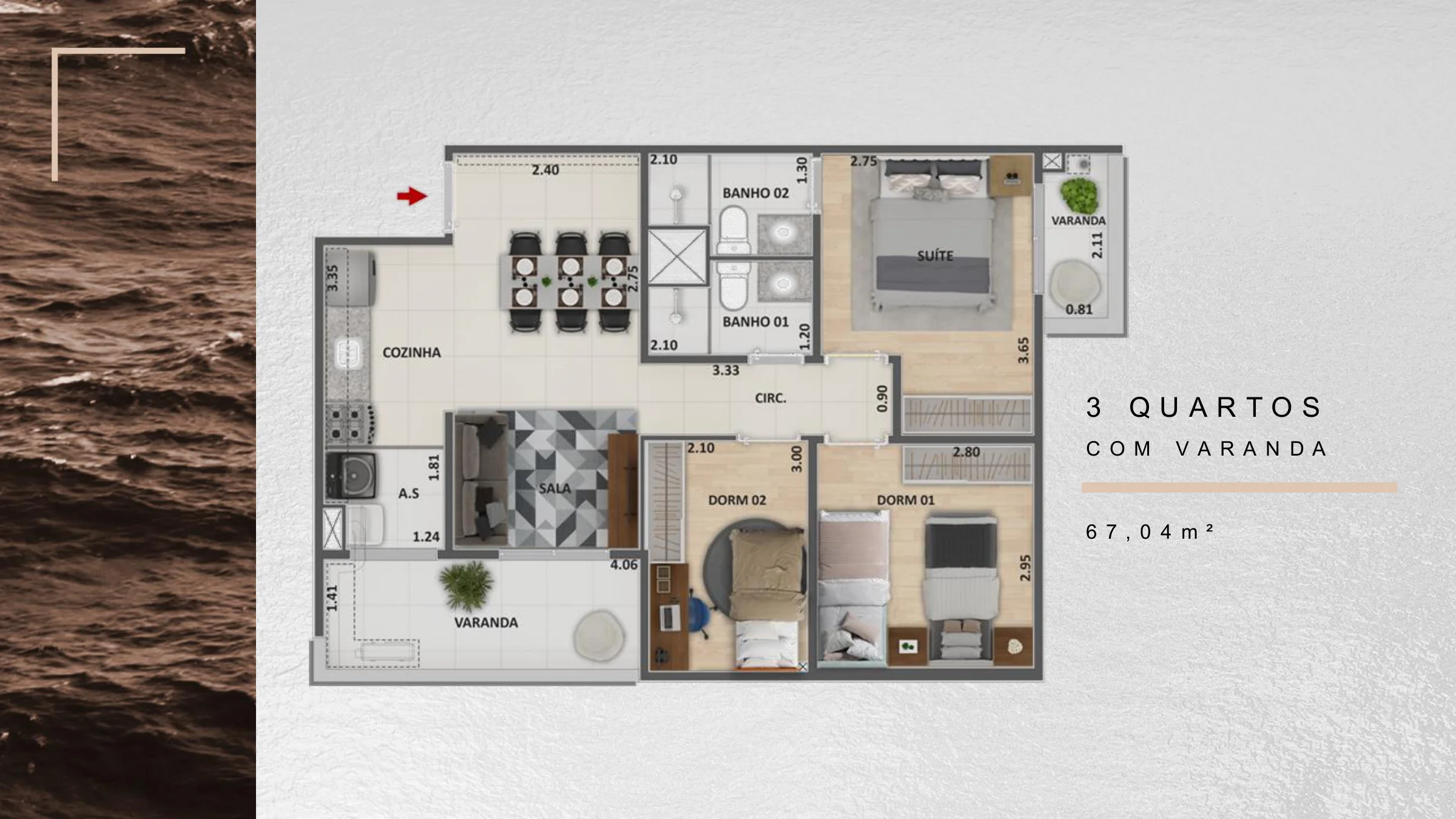 3 quartos com varanda · 67,04 m² · Metropolitan Dream