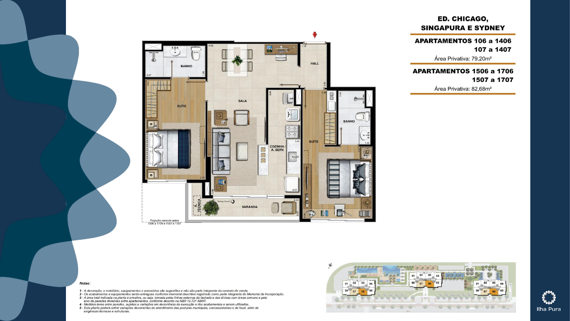 Plantas ilustrativas do Millenio com 79,20 m² e 82,68 m²