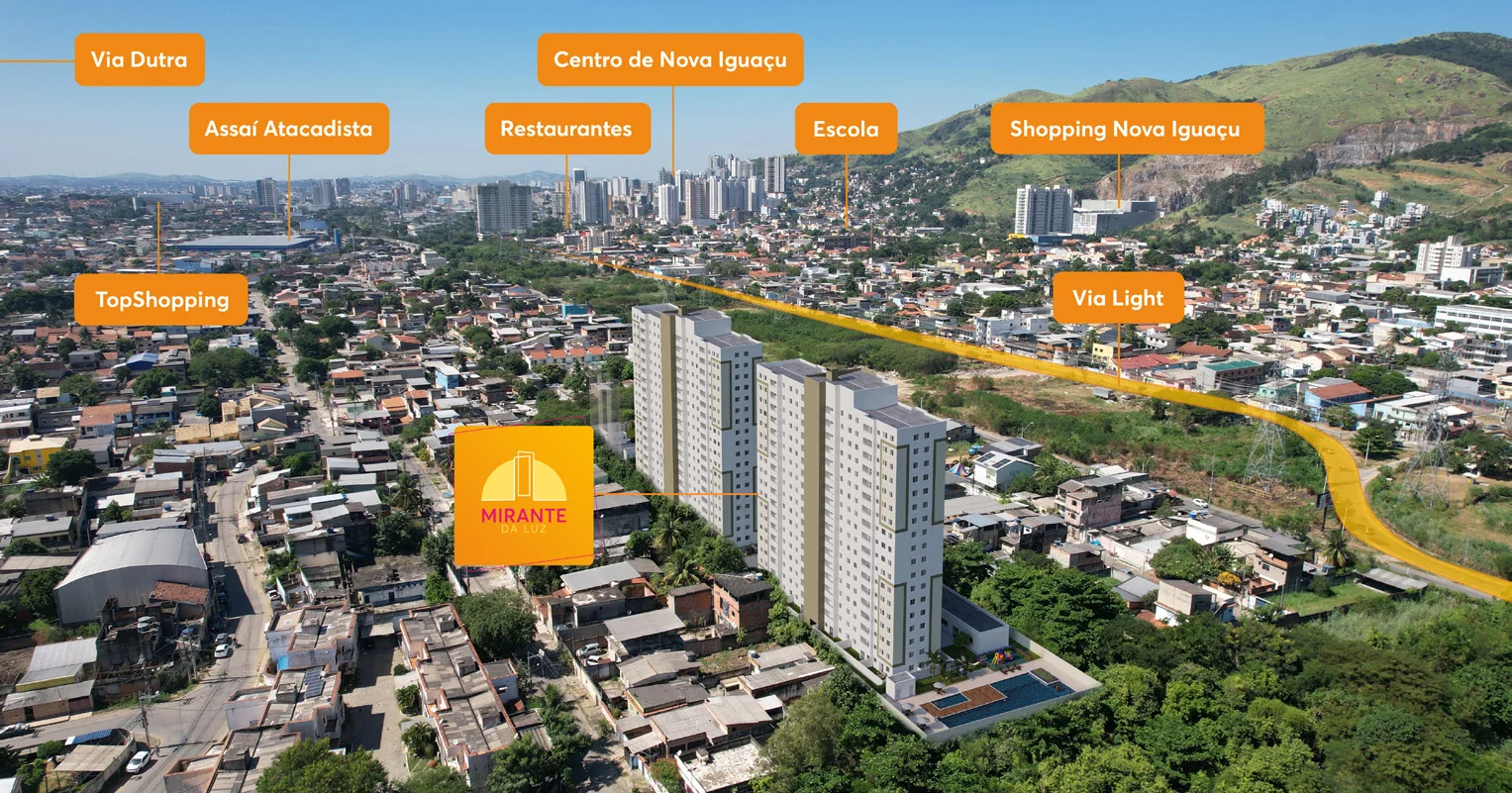 Imagem aérea de localização do Mirante da Luz no Bairro da Luz em Nova Iguaçu
