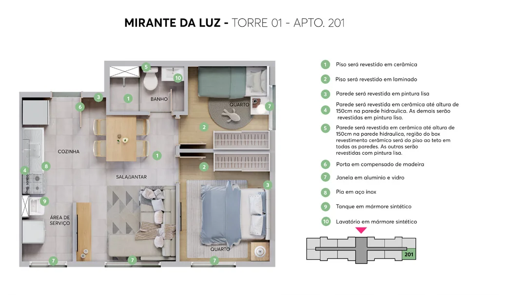 Planta de apartamento tipo de 2 quartos do Mirante da Luz