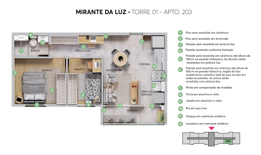 Planta de apartamento de 2 quartos com varanda do Mirante da Luz