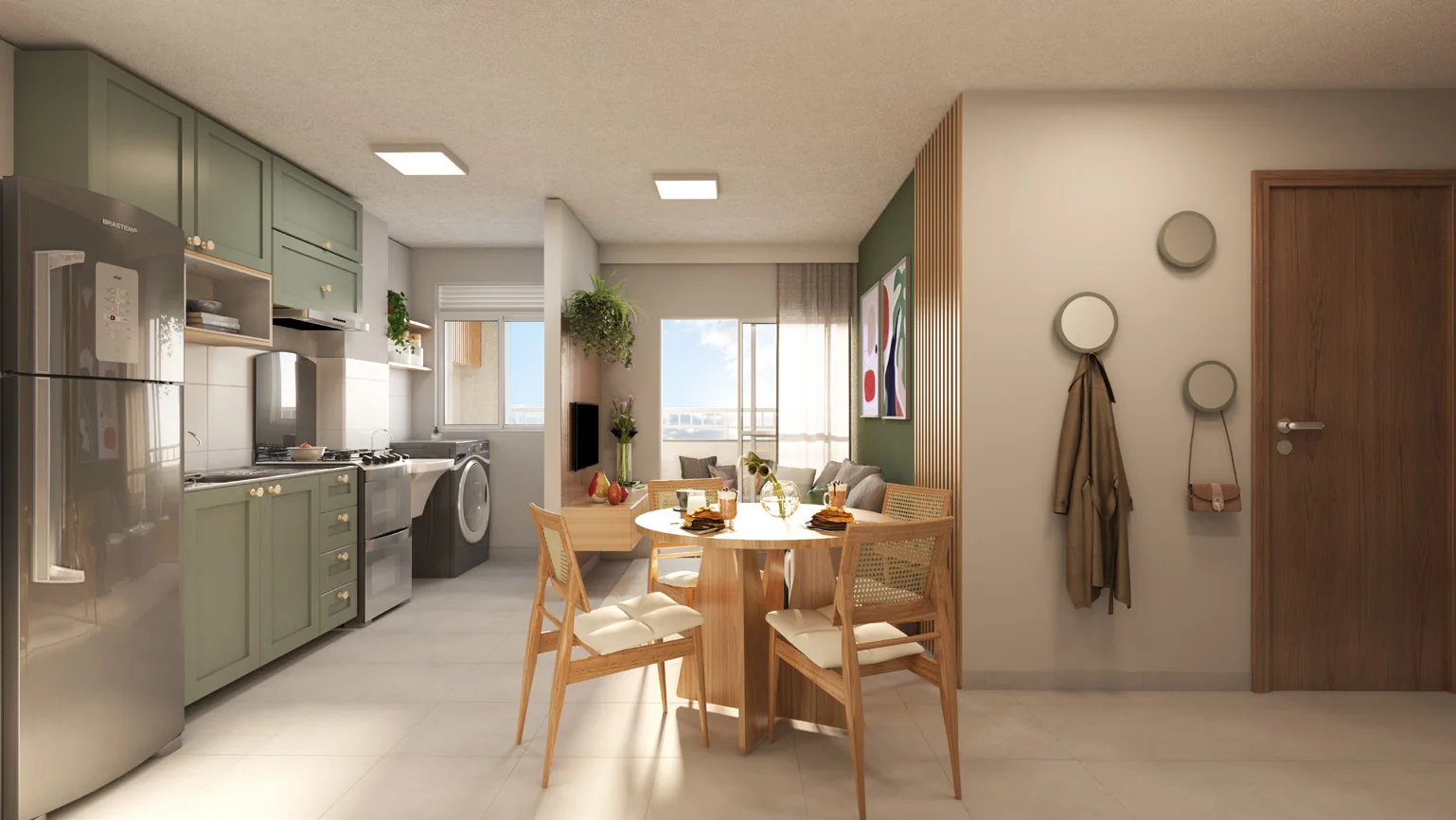 Sala e cozinha integradas em perspectiva ilustrativa