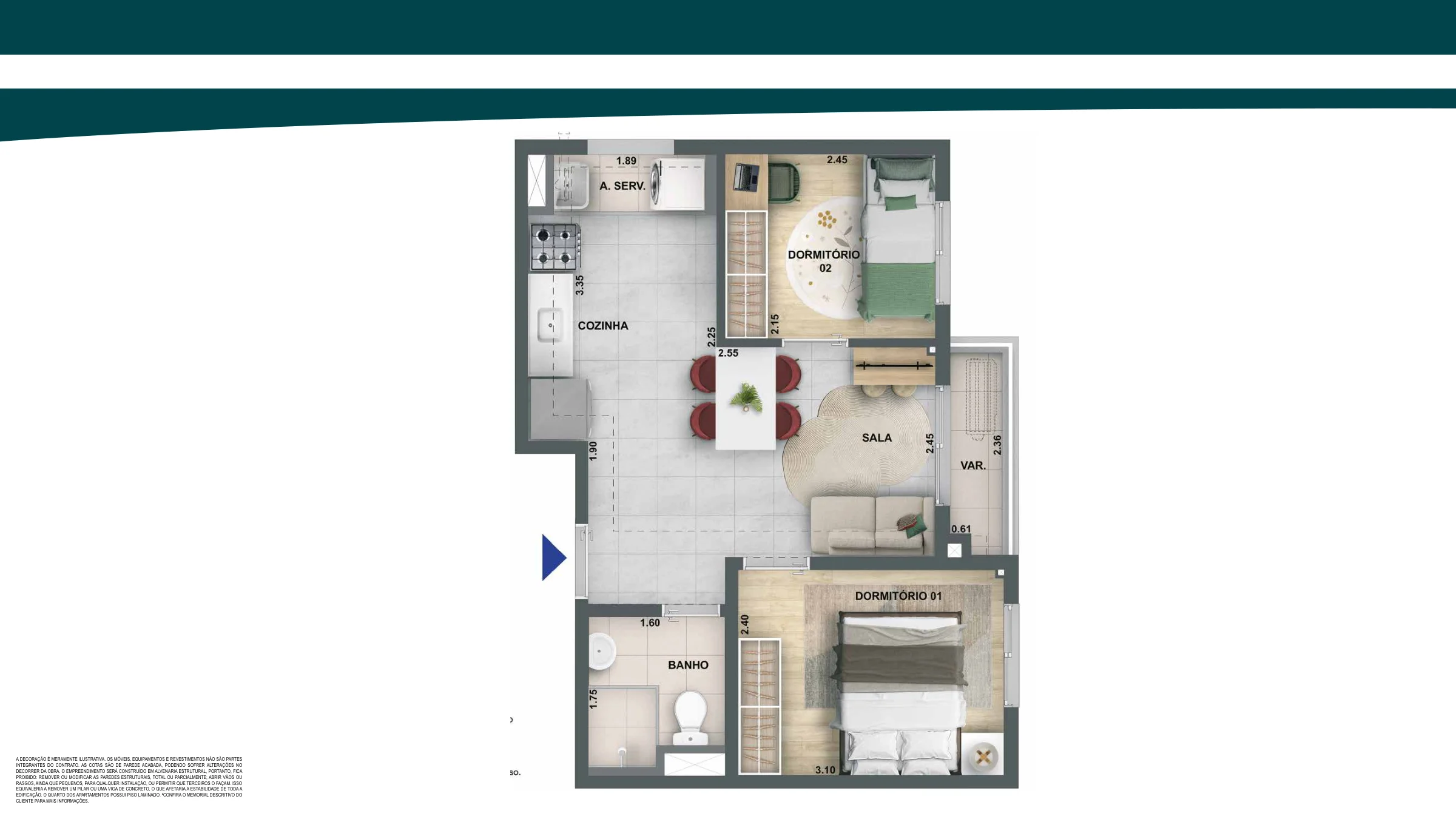 2 quartos com varanda · 38,85 m² · Nova Leopoldina