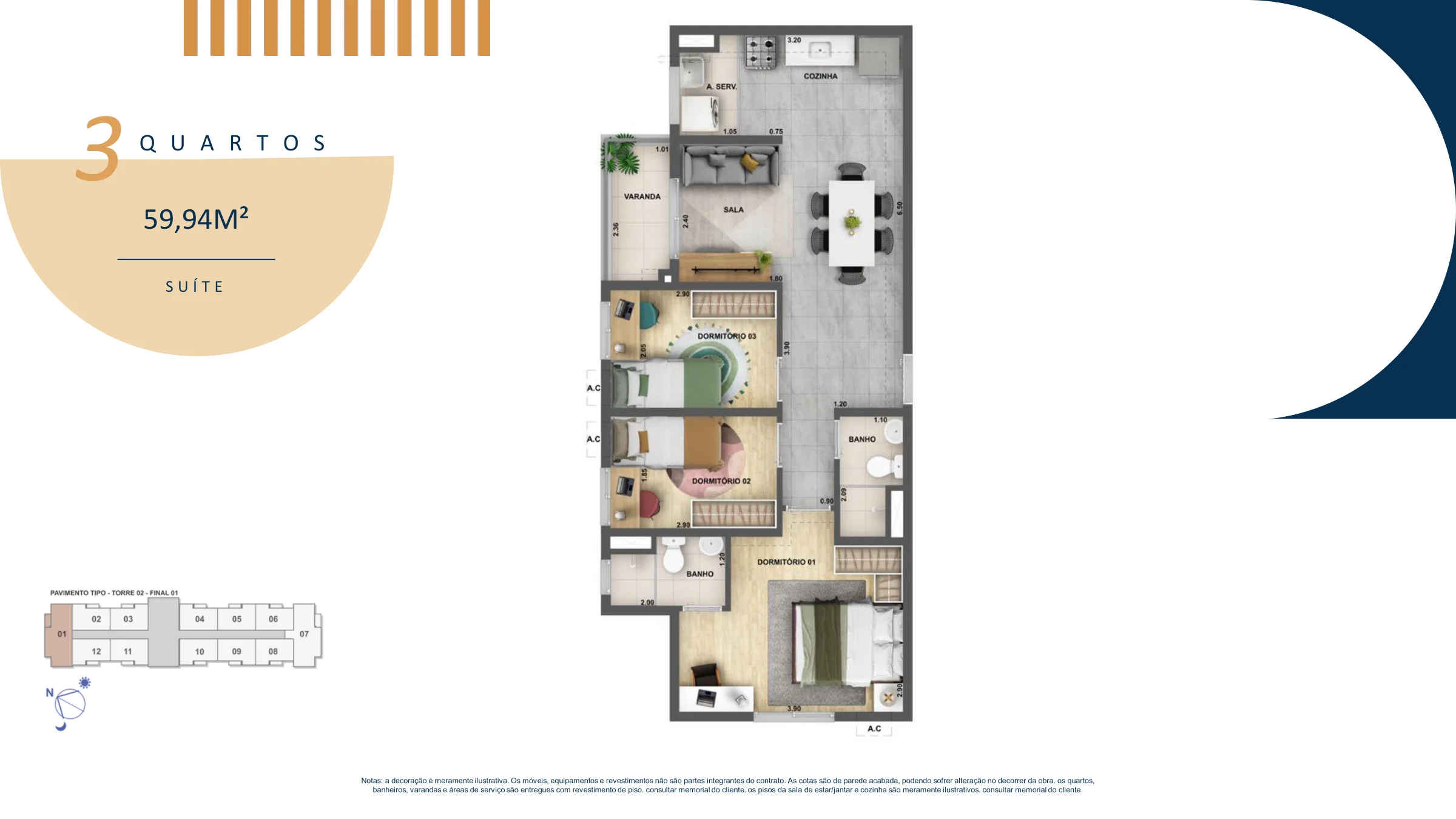 3 quartos com suíte · 59,94 m² · Nova Norte Raízes