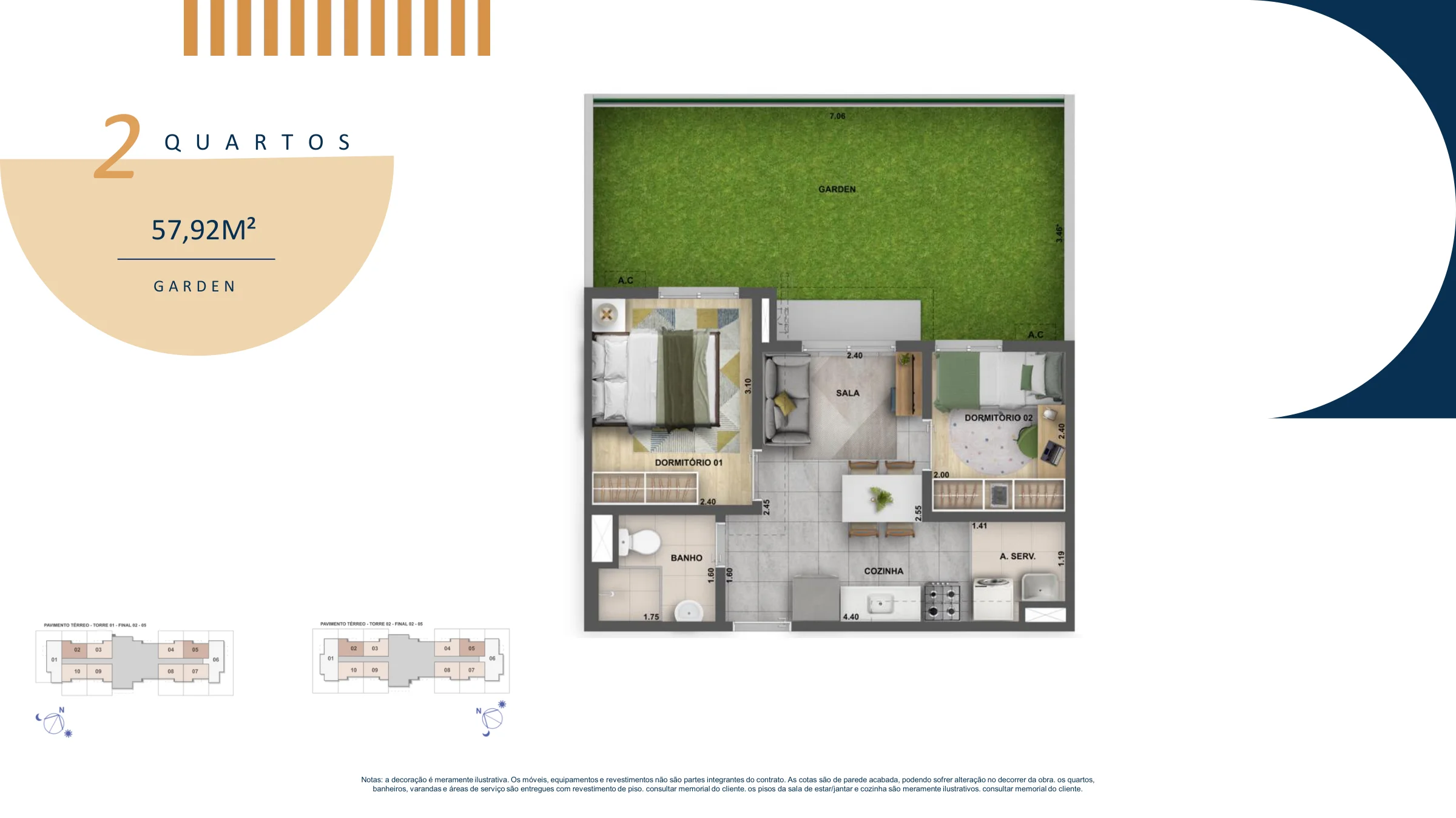 2 quartos garden · 57,92 m² · Nova Norte Raízes
