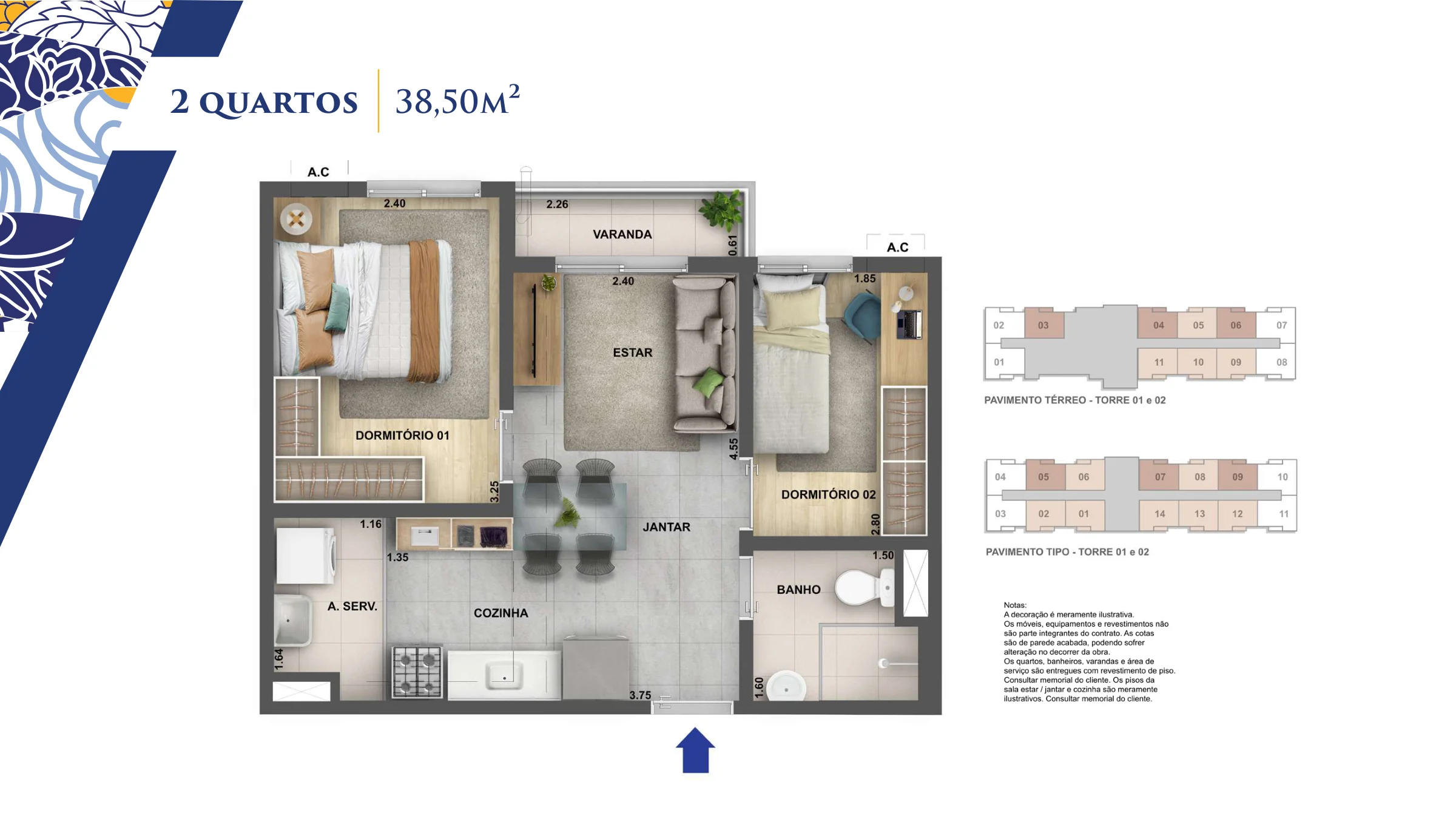 2 quartos · 38,50 m² · Nova Olaria
