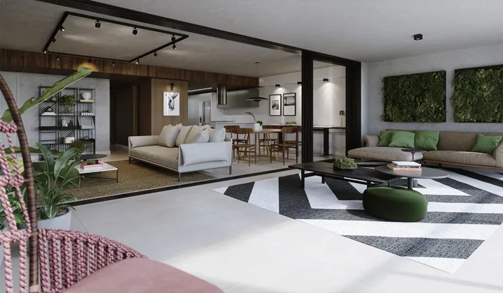 Oka Residence Lagoa — Ilustração Artística da Sala com Cozinha Integrada da Coluna 02
