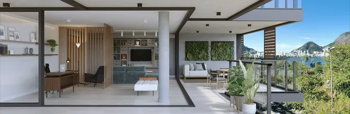 Oka Residence Lagoa — Ilustração Artística da Sala com Escritório do Apto 501