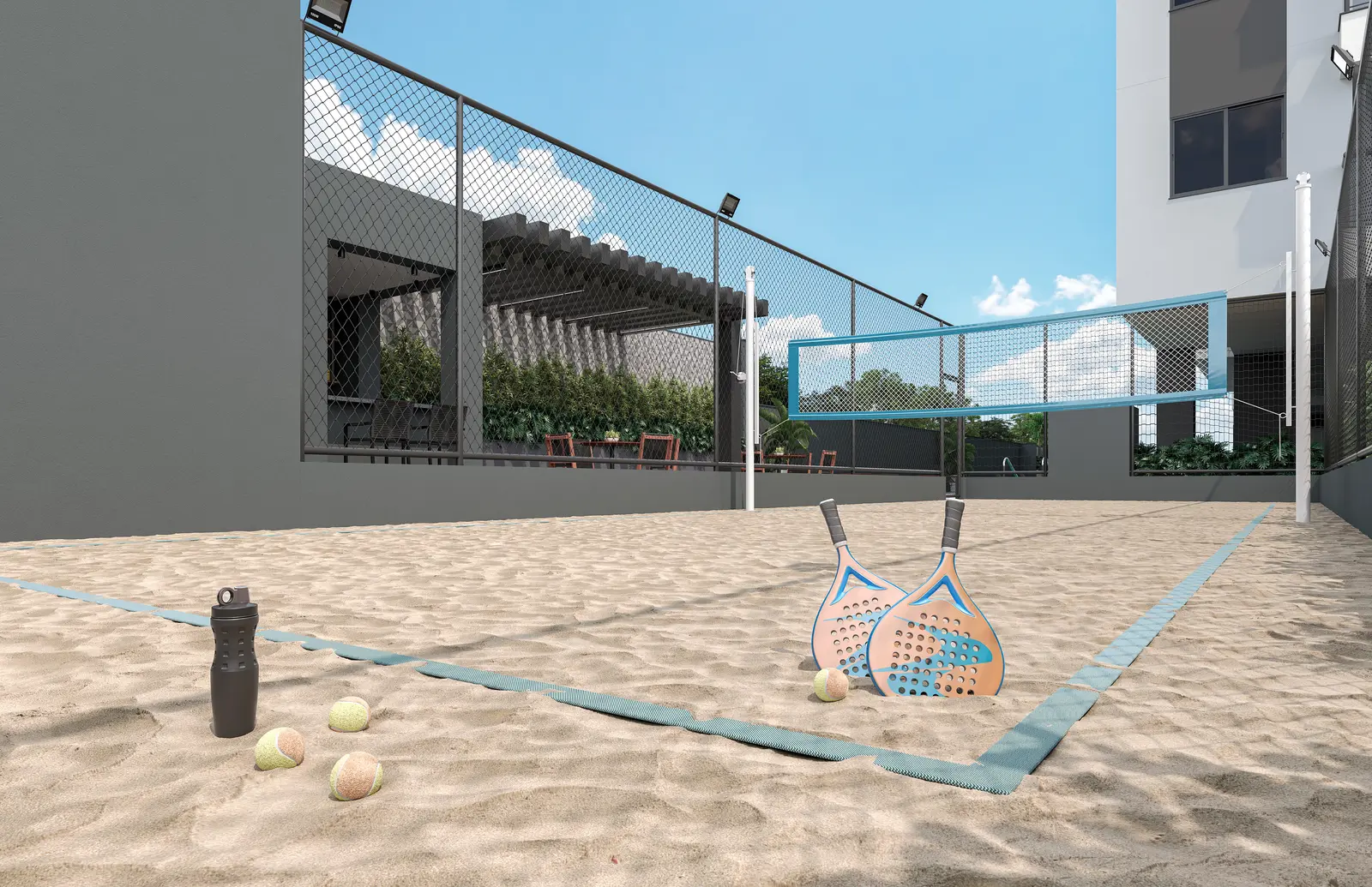 Perspectiva ilustrativa da quadra de beach tennis do On Life Bandeirantes
