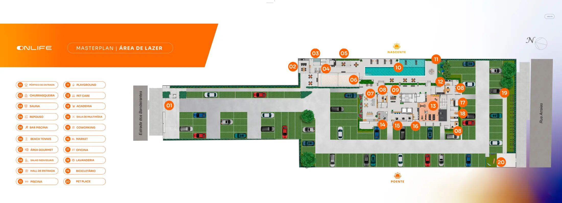 Masterplan ilustrativo da área de lazer do On Life Bandeirantes, com 20 ambientes identificados