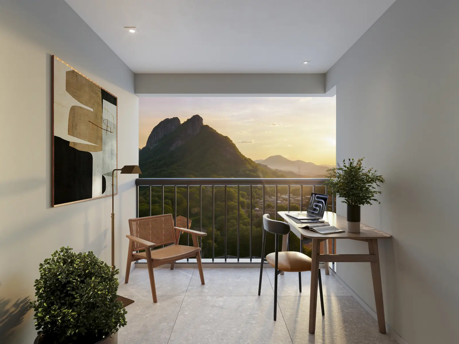 Perspectiva ilustrativa da varanda de apartamento do On Life Bandeirantes
