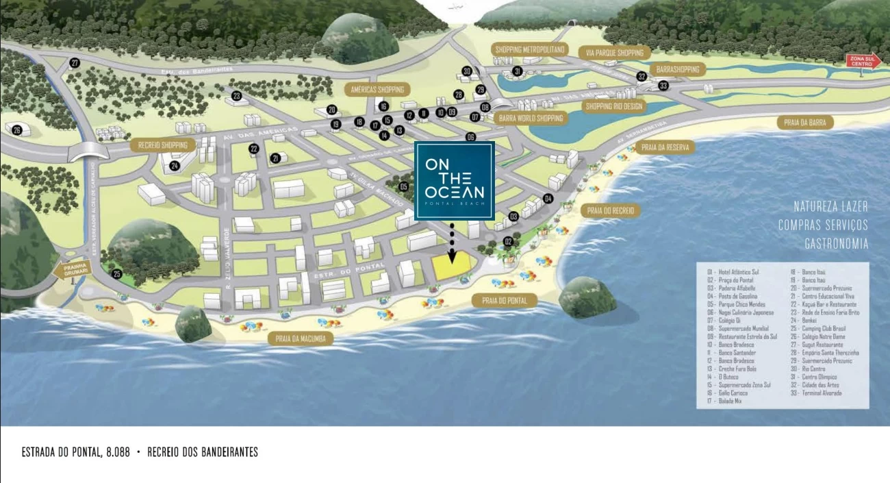 Mapa ilustrativo do On The Ocean Pontal Beach e dos pontos de interesse da região