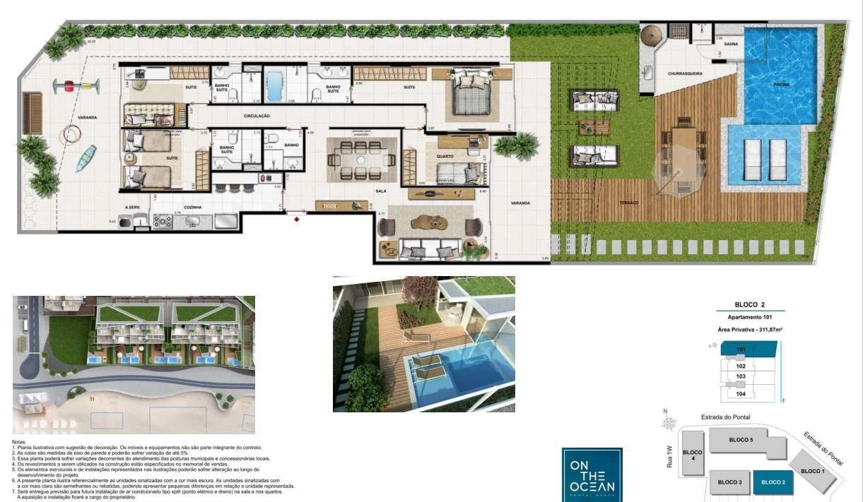 Planta ilustrativa de cobertura linear de 3 quartos