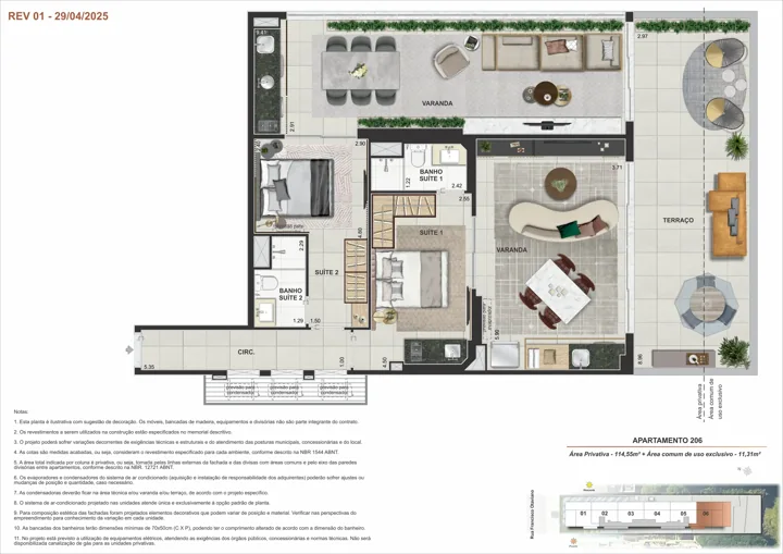 On The Sea Arpoador — Ap 206 - árrea privayiva - 114,55m³ + área comum de uso exclusivo - 11,31m²