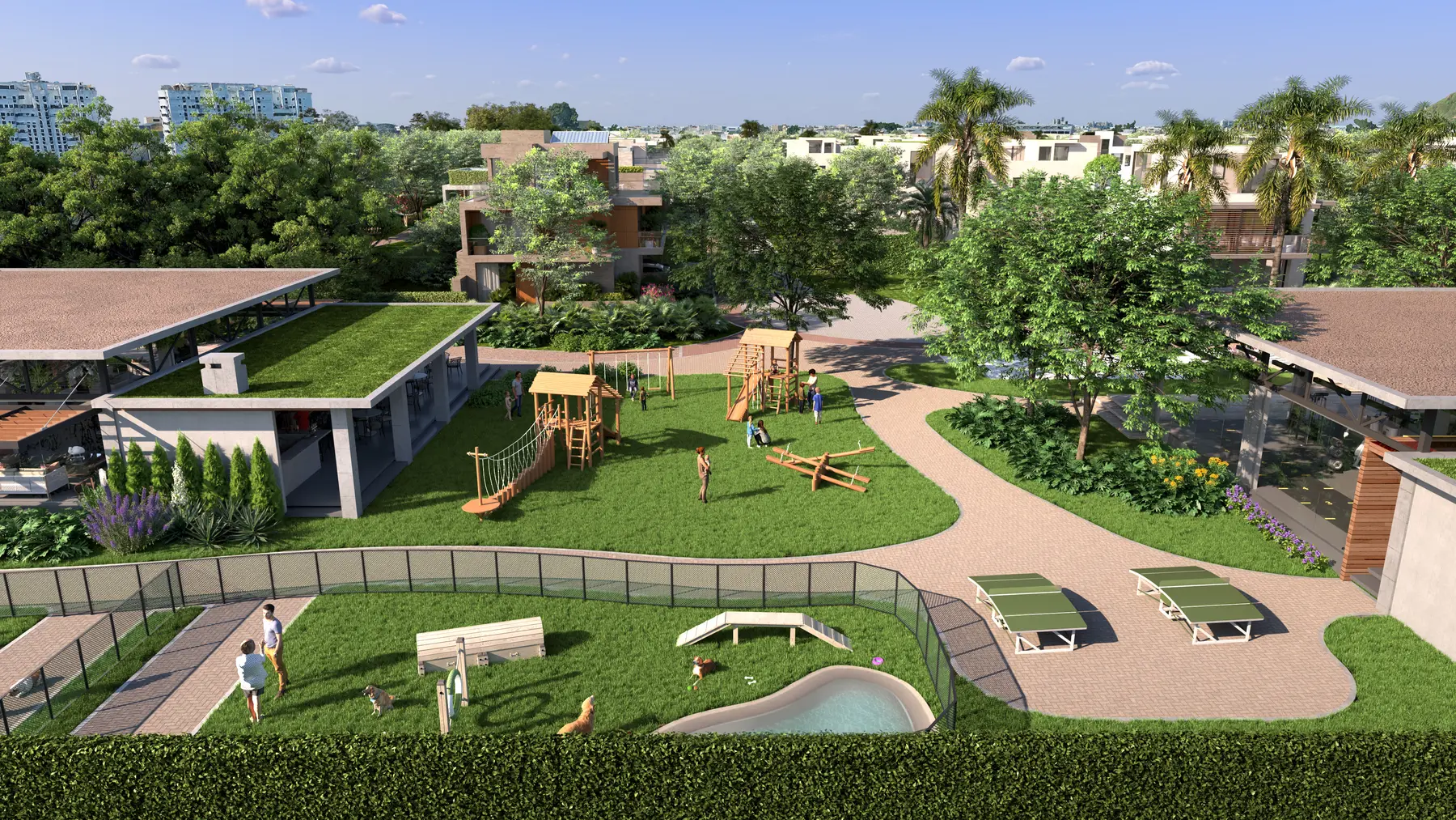 Orla Jardim com áreas verdes, playground e caminhos