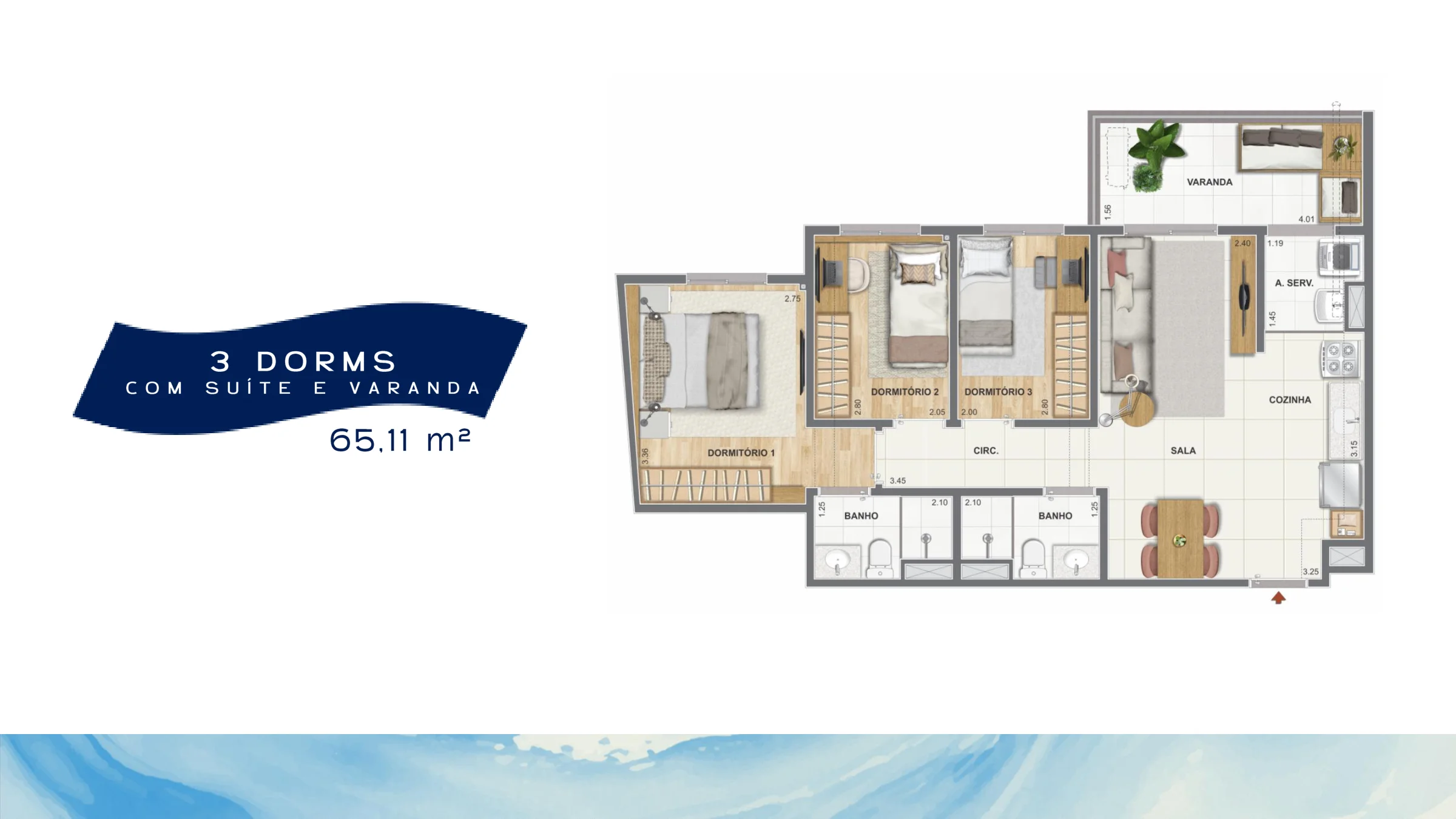 3 quartos com suíte e varanda · 65,11 m² · Orla Central