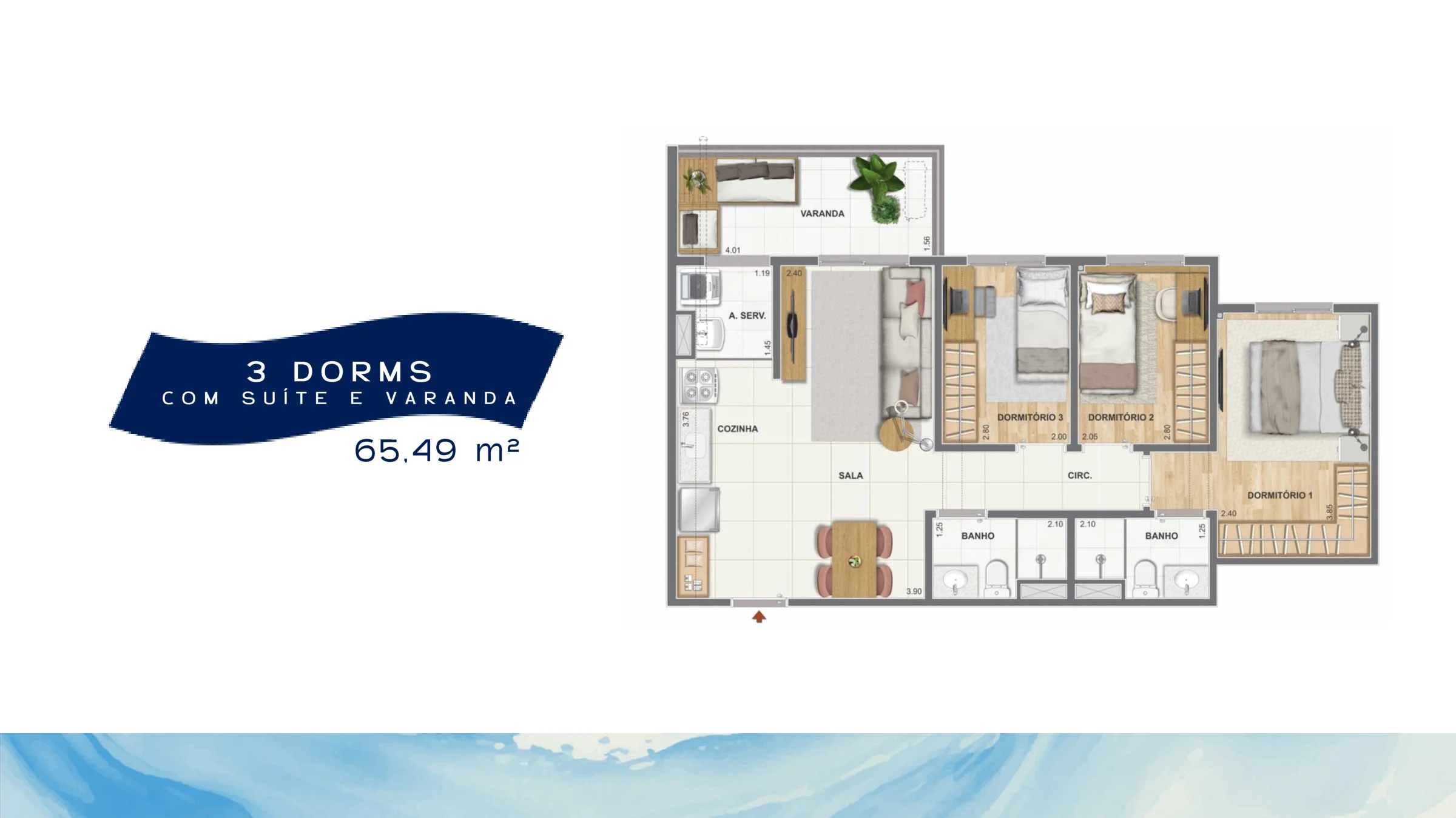 3 quartos com suíte e varanda · 65,49 m² · Orla Central